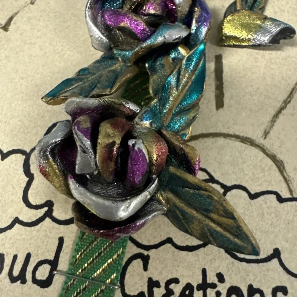 Vtg Purple‎ Green Enamel Layered Open Rose Flower Button Covers Cloud Creations